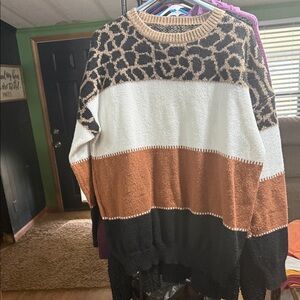 SHEIN Leopard Print Color Block Sweater - Black, White, Brown